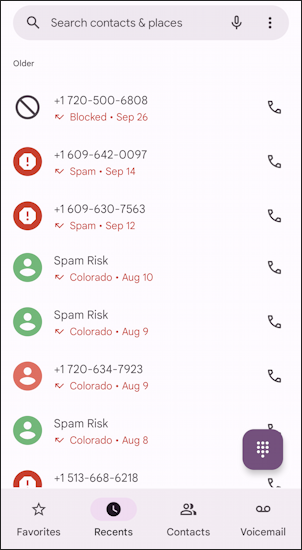 android junk spam call filtering - missed calls