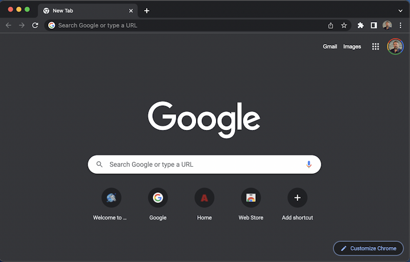 google chrome new tab window appearance - grey new tab view