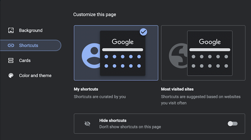 google chrome new tab window appearance - shortcuts