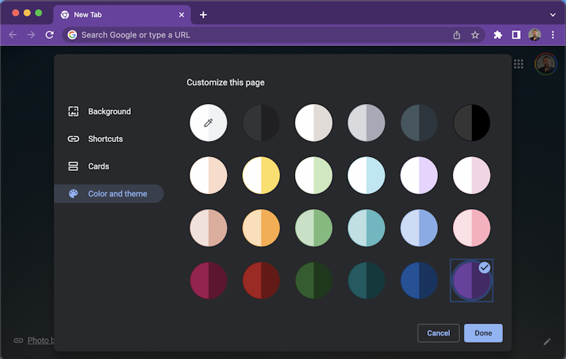 google chrome new tab window appearance - theme choices colors color palette