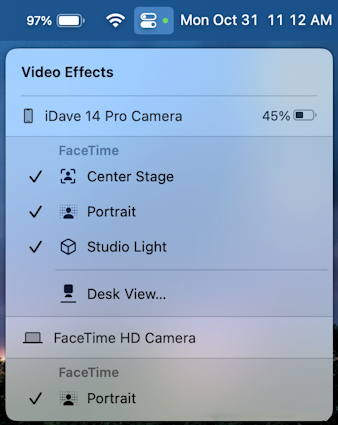 facetime video effects - continuity camera control center