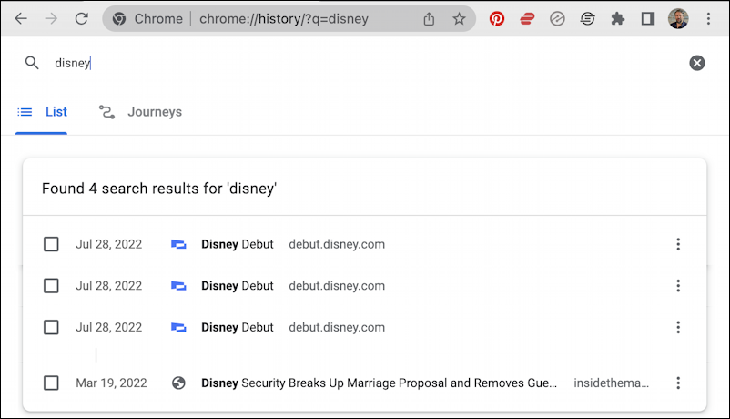 google chrome - history search disney