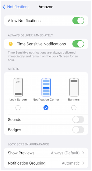 ios16 lock screen notifications - amazon shopping app notification settings