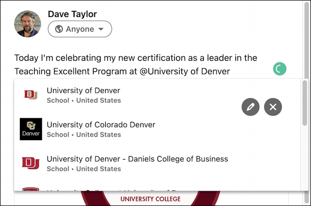 linkedin share celebrate certification - Using @ to tag an organization institution