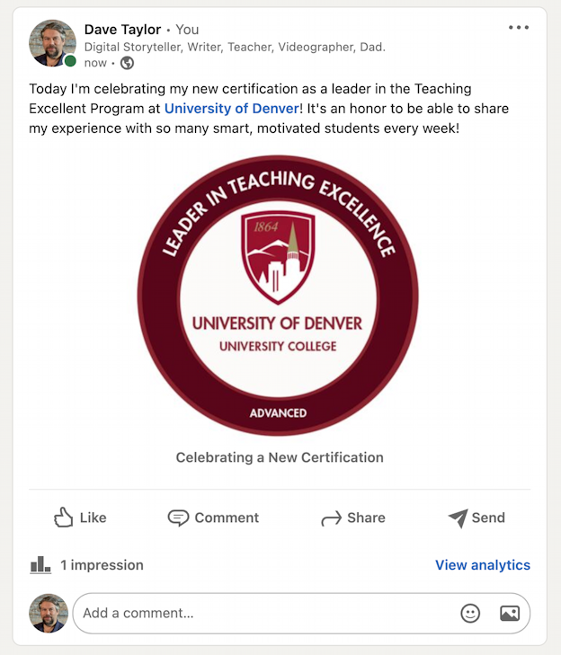 linkedin share celebrate certification - tep certification from du posted