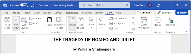 microsoft word office app - author creator name initials - doc with ribbon bar