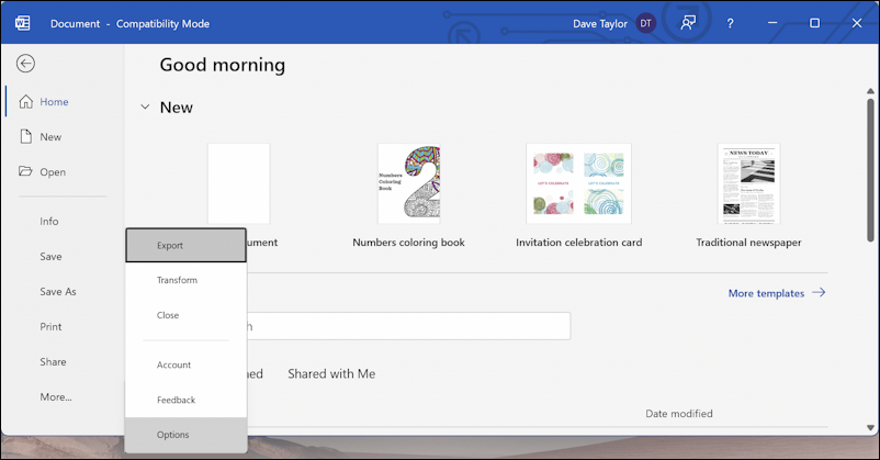 microsoft word office app - author creator name initials - file view