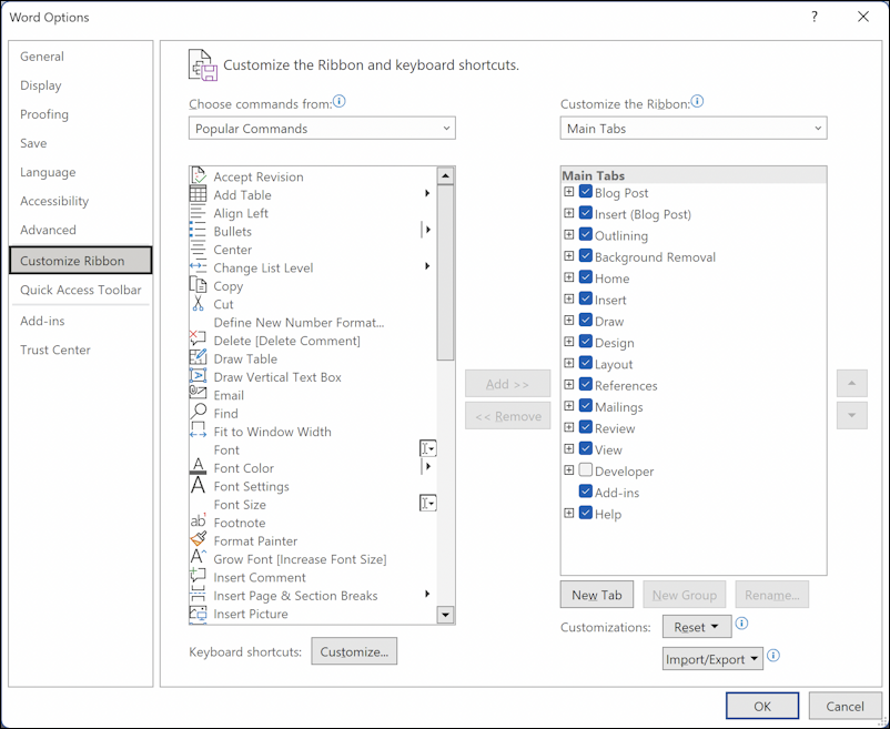 microsoft word office app - author creator name initials - ribbon bar settings options preferences