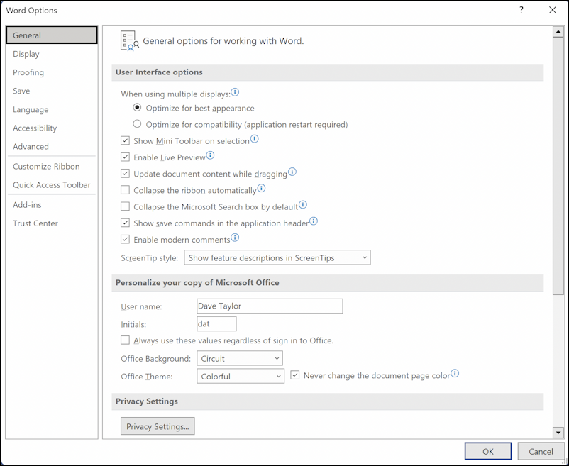 microsoft word office app - author creator name initials - options > general