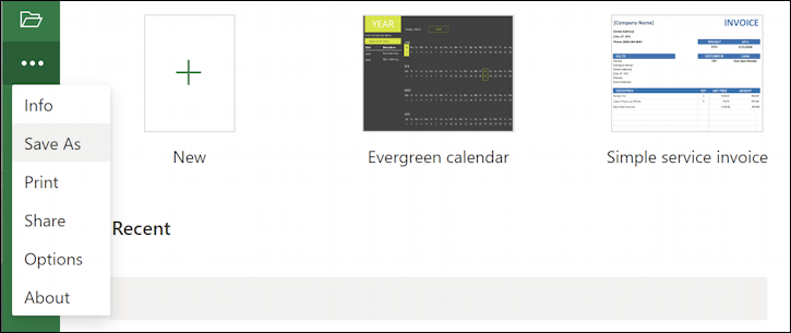 microsoft office 365 excel - file save more options menu