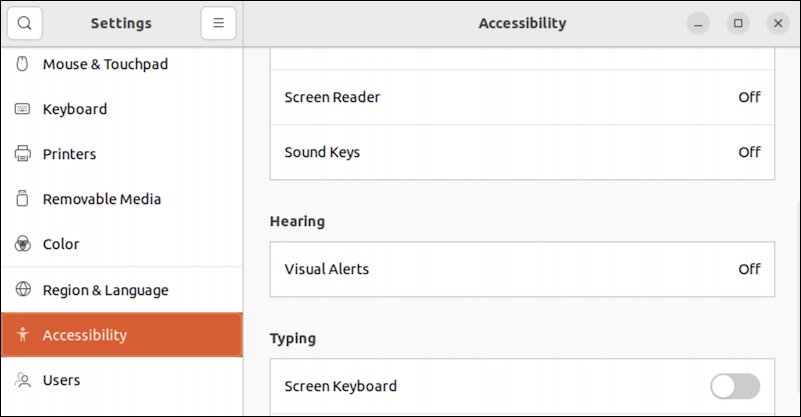 ubuntu linux system alerts - settings > accessibility