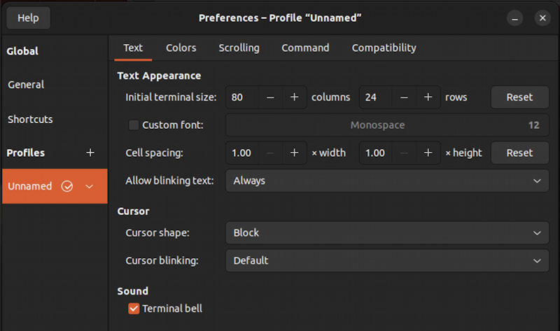 ubuntu linux terminal app - preferences settings > terminal bell