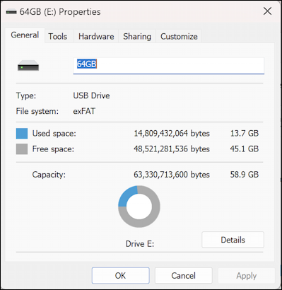 win11 reformat check usb flash drive - properties