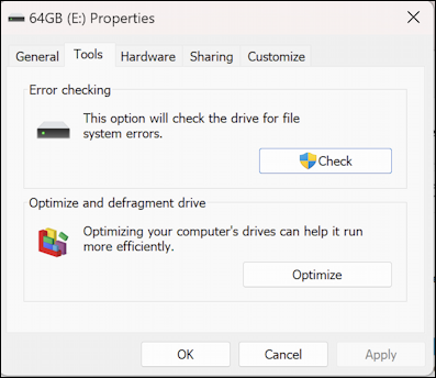 win11 reformat check usb flash drive - properties > tools