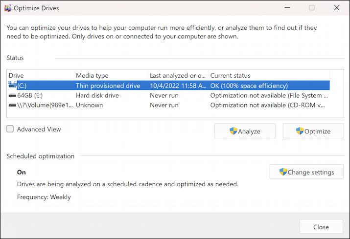 win11 reformat check usb flash drive - nothing to defrag optimize