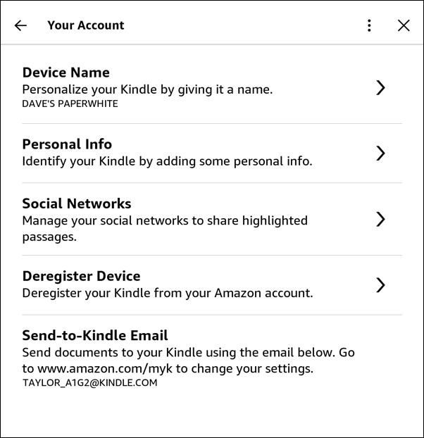 amazon kindle paperwhite - settings - your account