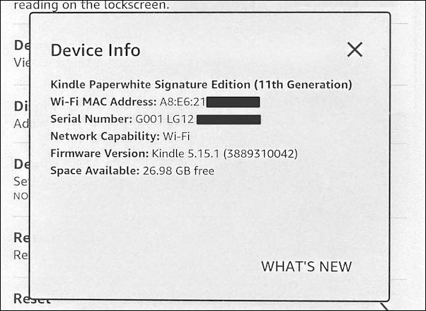 amazon kindle paperwhite - device info