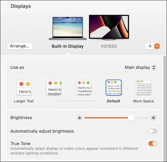 macos 13 external display arrange - settings > display > 2 displays monitors