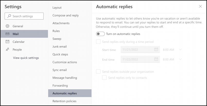 microsoft outlook.com set up autoreply holiday - settings > mail > automatic replies