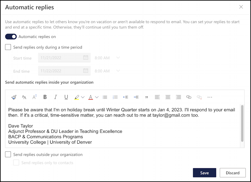 microsoft outlook.com set up autoreply holiday - settings > mail > automatic replies - enter autoresponse message