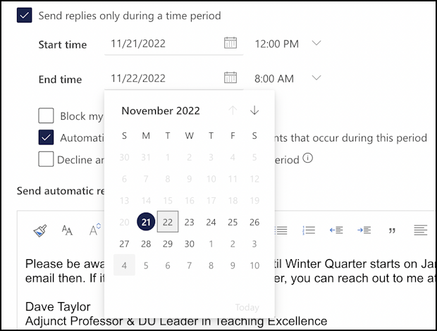 microsoft outlook.com set up autoreply holiday - settings > mail > automatic replies - set time period