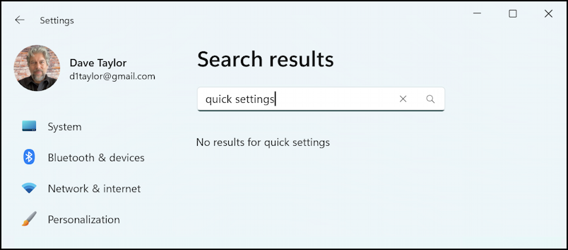 windows 11 quick settings window controls - settings search results: none