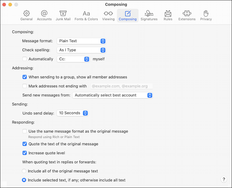 apple mail mac change rich text - composition settings