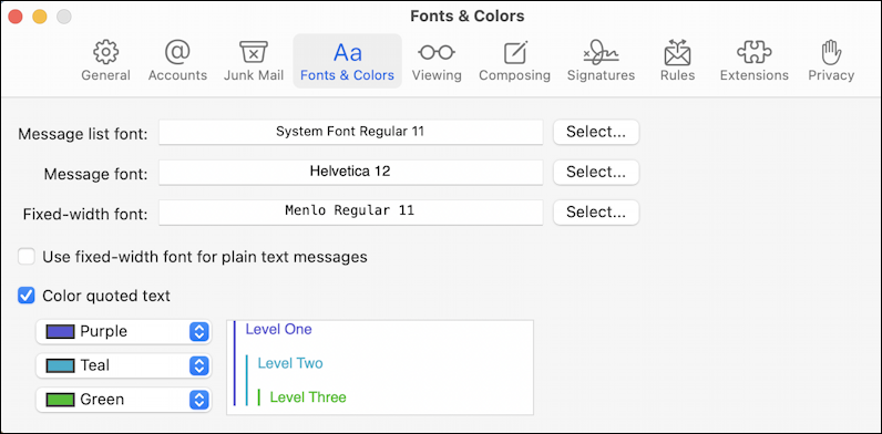 apple mail mac change rich text - fonts & colors settings