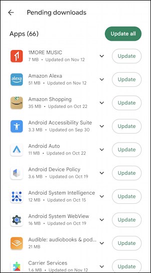android 13 - check for app updates play store - 66 available updates details