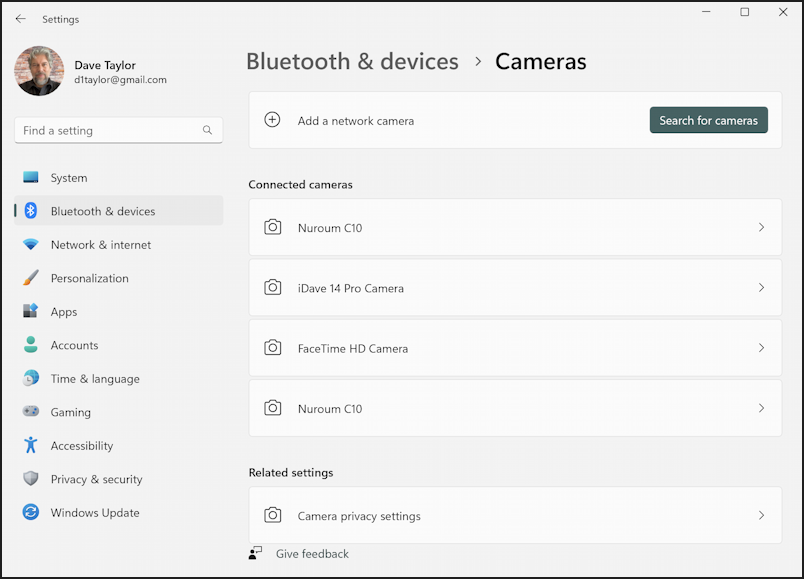 windows 11 teams add new external webcam - settings > bluetooth devices > cameras