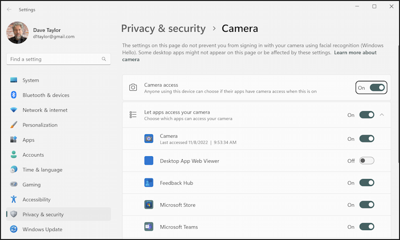windows 11 teams add new external webcam - privacy settings