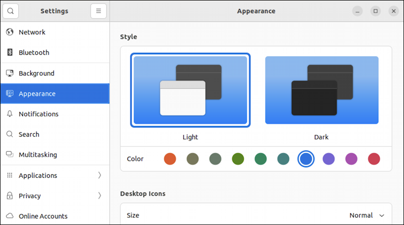 ubuntu linux gnome desktop - settings > appearance