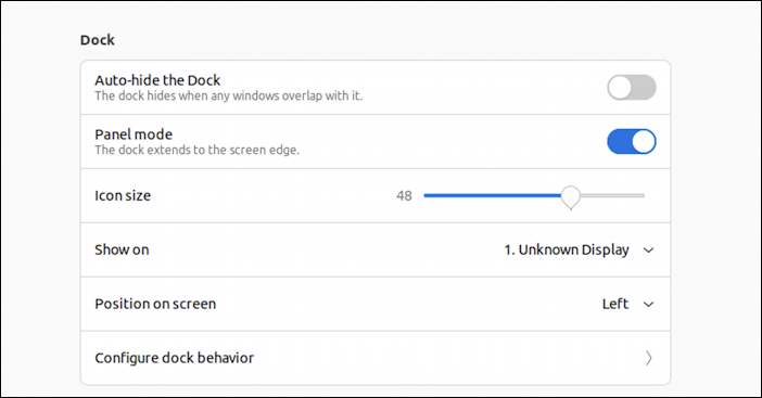 ubuntu linux gnome desktop - settings > appearance > dock
