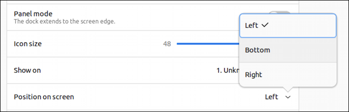 ubuntu linux gnome desktop - settings appearance dock position on screen