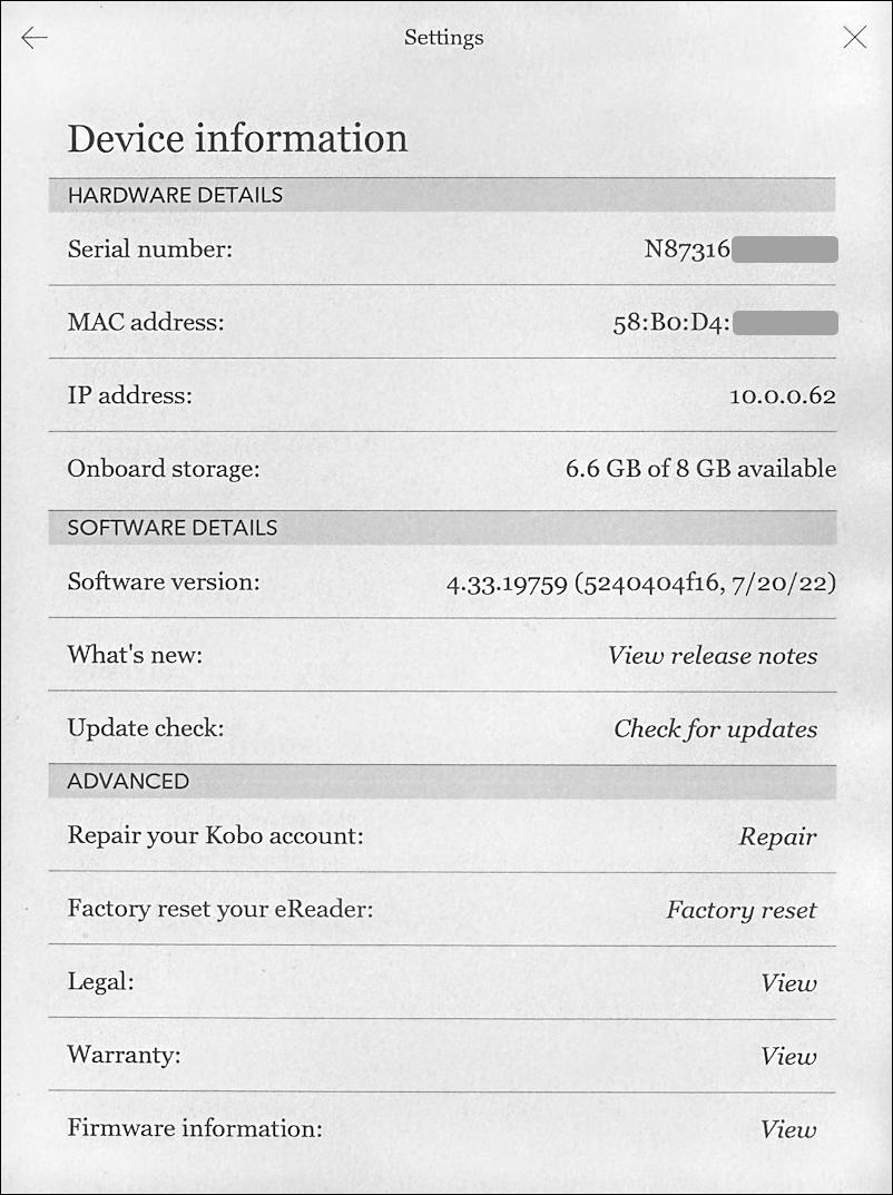 kobo ebook reader update firmware system os - more > settings > system 