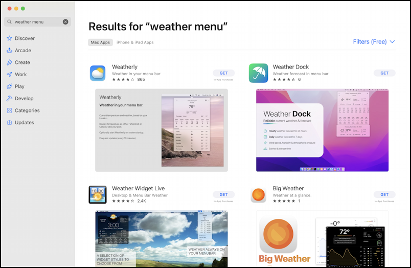 mac macos 13 weather menubar - app store 'weather' search