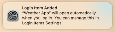 mac macos 13 weather menubar - item added to startup login