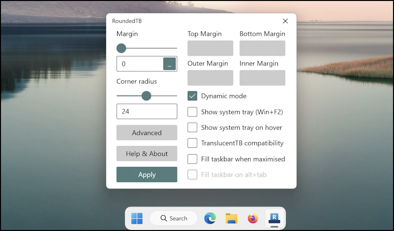 win11 pc roundedtb taskbar - dynamic mode removes weather and much of Taskbar