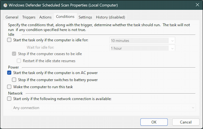 win11 schedule windows defender scan - defender scheduled scans - conditions