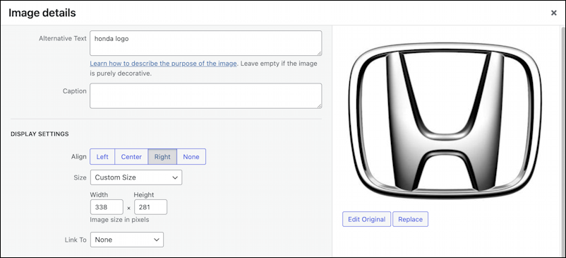 wordpress resize link image - image settings customize