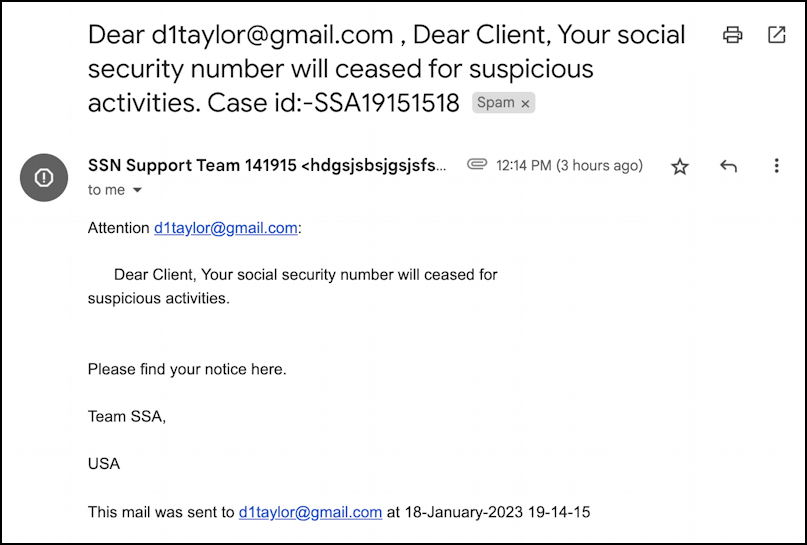 fake ssn social security phishing scam letter - email message