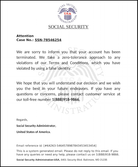 fake ssn social security phishing scam letter - attachment pdf notification 