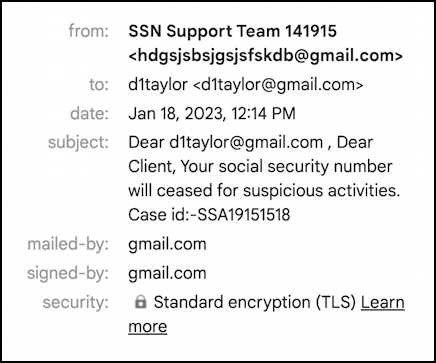fake ssn social security phishing scam letter - sender detail
