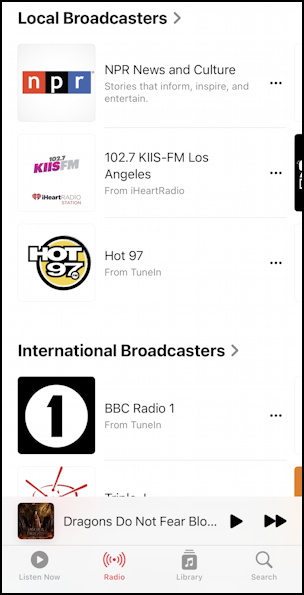 iphone music app fm streaming radio - listing of available streams
