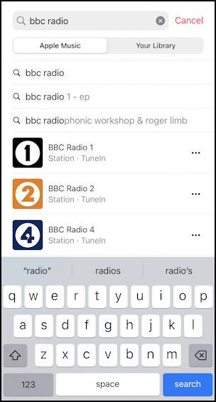iphone music app fm streaming radio - search for 'bbc radio'