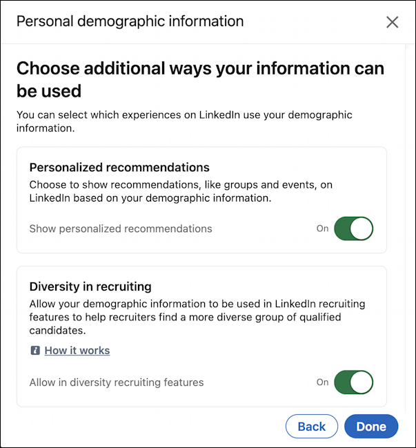 linkedin demographic data visibility privacy - demo info saved; usage?