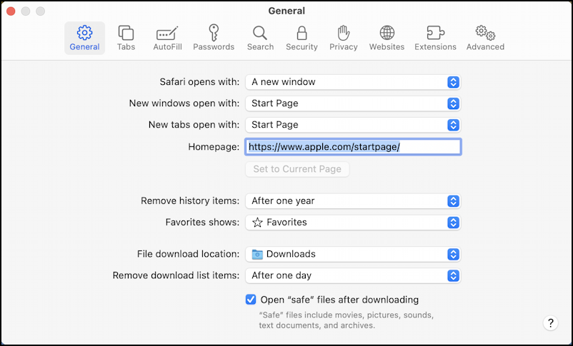 apple mac safari new blank page - settings > general