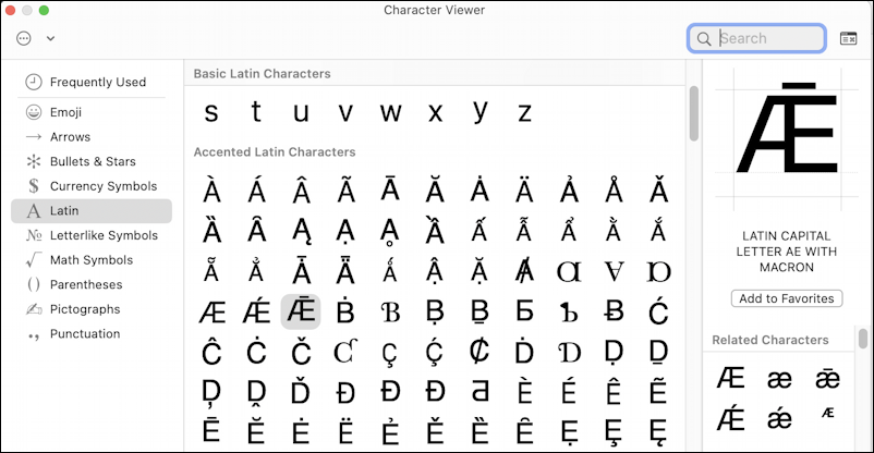 mac macos character viewer shortcut table