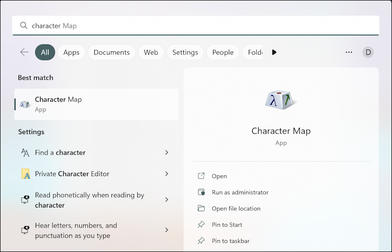 typing accents and diacriticals windows 11 - character map