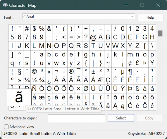 typing accents and diacriticals windows 11 - character map - a + tilde